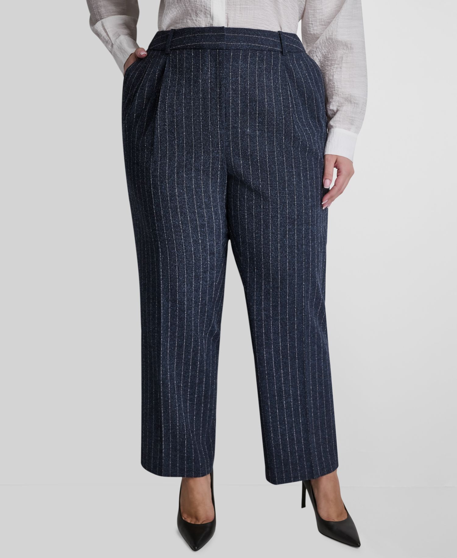 Plus Size Mid-Rise Pinstripe Pleated Trouser