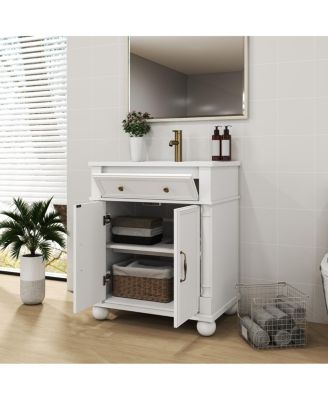 28" Bathroom Vanity with Sink, Medieval Modern Solid Wood Roman Base, Flip Drawer, Adjustable Storage, Easy Clean