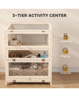 Wooden Hamster Cage 3 Tier with Pull-Out Tray, Hut, Seesaws, Ramps