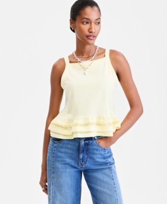 Women's Cotton Layered Ruffled-Hem Woven Mix Tank Top