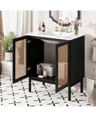Modern Bathroom Vanity with Ceramic Sink, Bamboo & MDF, Soft Close Rattan Doors,  Freestanding Storage Cabinet for Small Spaces
