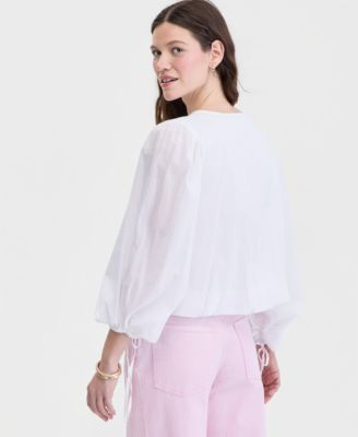 Women's Cotton Solid Tie-Front Volume-Sleeve Blouse