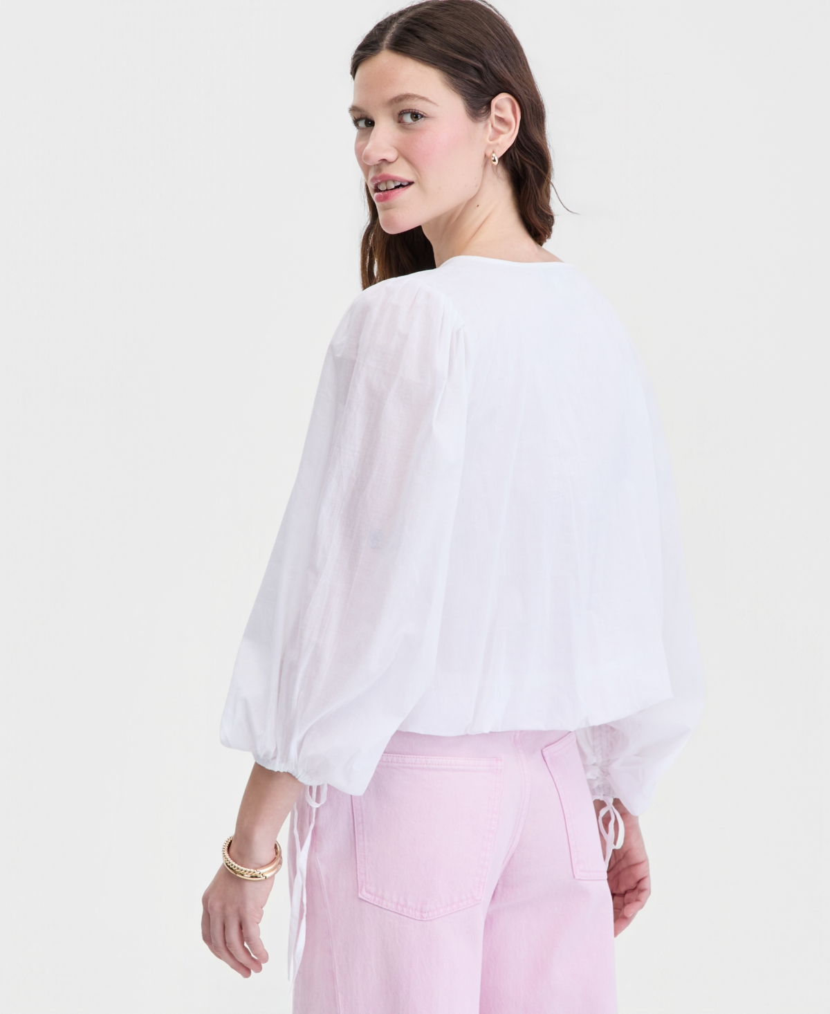 On 34th Women's Cotton Solid Tie-Front Volume-Sleeve Blouse, Macy's Exclusive