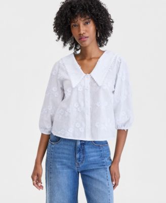 Women's Cotton V-Neck Floral Appliqu&eacute; Blouse