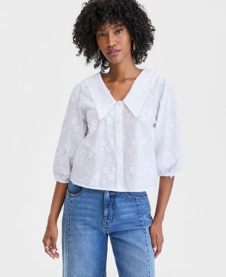 On 34th Women's Cotton V-Neck Floral Appliqué Blouse, Macy's