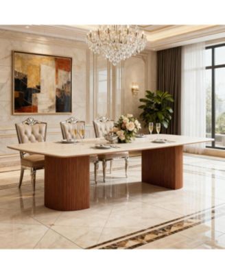 78.74" Travertine Slab Dining Table for 8-10, Travertine Slab Tabletop & Semi-Circular Stripe Base