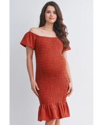 Maternity Off-the-Shoulder Smocked Bodycon Midi Dress with Ruffle Hem