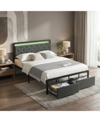 Full Bed Frame with 2 Storage Drawers, Button Tufted Headboard and LED Lights