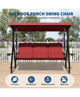 3 Seat Outdoor Porch Swing, 2-in-1 Patio Swing Chair with Thickened Removable Cushions, Adjustable Canopy   Cup Holders