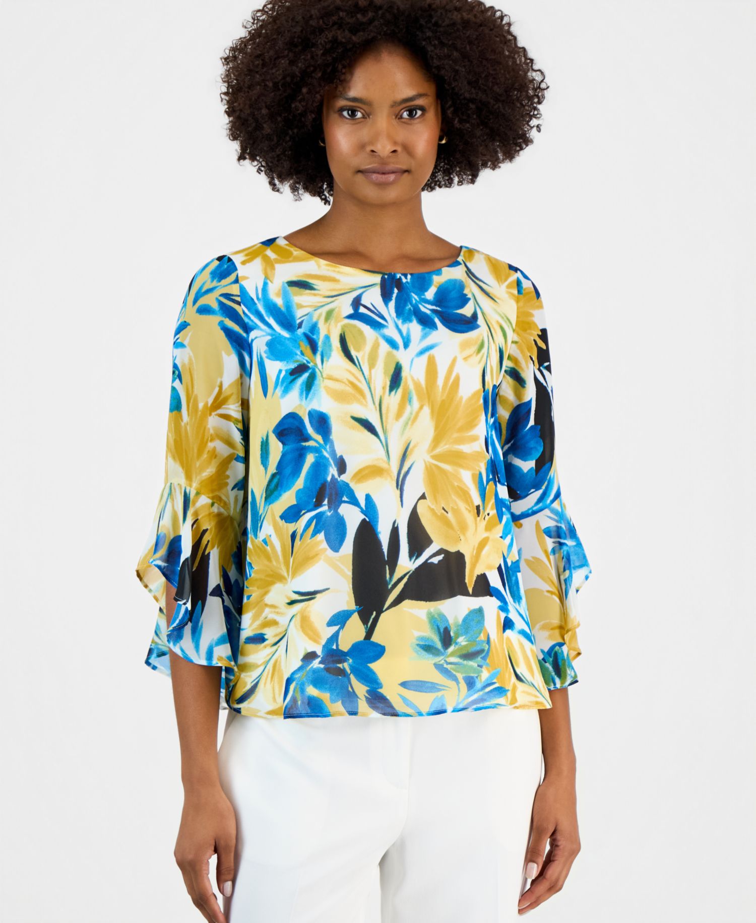 Women's 3/4 Ruffle-Sleeve Printed Boatneck Top, Regular & Petite