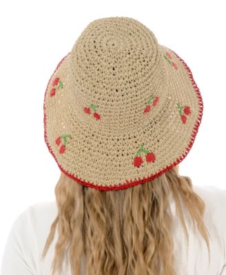 Packable Cherry Straw Bucket Hat