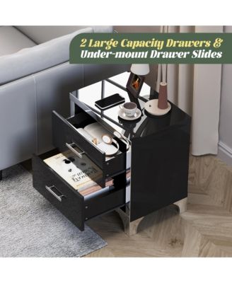 High Gloss Mirrored Nightstand, Modern Wood End Table with 2 Drawers and Metal Handle, Bedside End Table for Bedroom, Living Room
