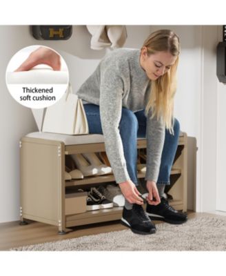 Shoe Storage Bench with Cushion, Modern Flip-Down Shoe Cabinet & Sturdy Metal Frame for Entryway Seating
