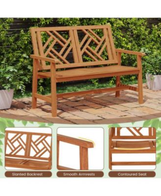 2 Person Wood Outdoor Bench with Geometric Backrest