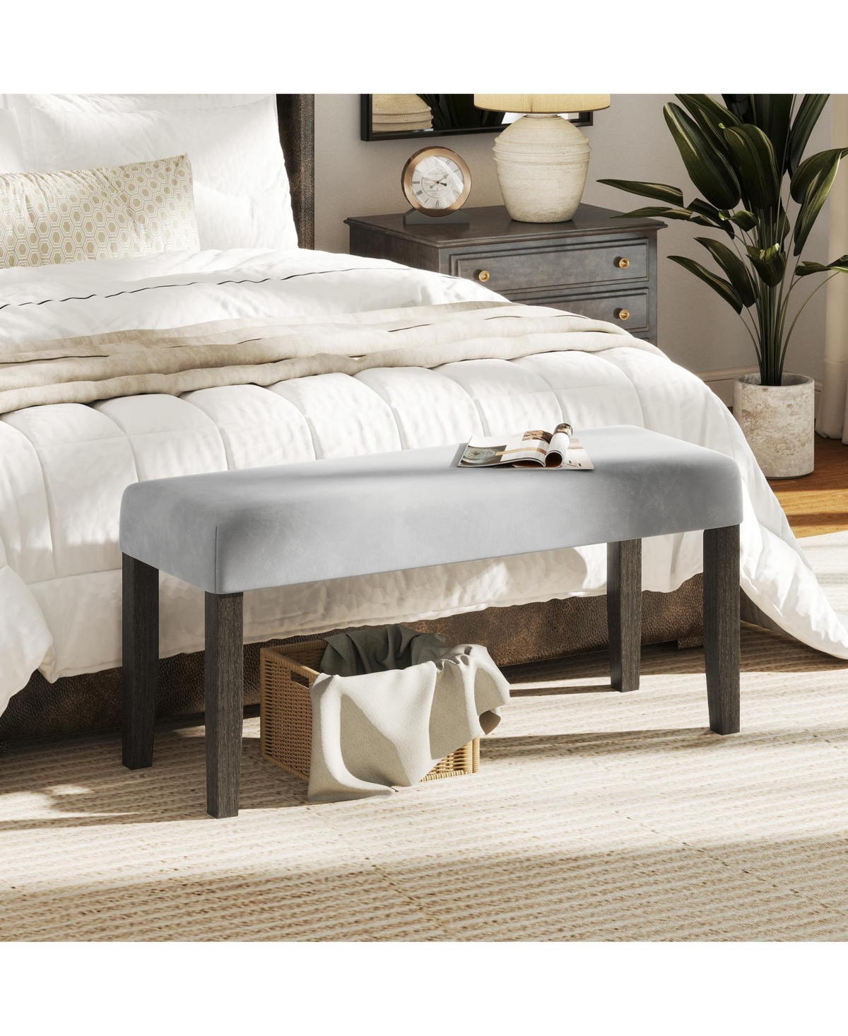 Gymax Upholstered Bedroom Bench w/ Padded Seat & Solid Wood Legs for Dining Room