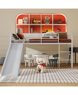 Metal Loft Bed with Slide, Guardrails, and Built-In Ladder