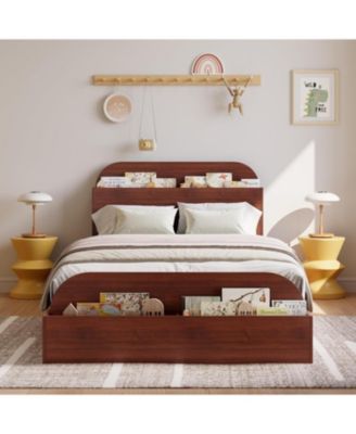 Bed Frame, Wooden Beds with Storage Headboard and Raised-Foodboard, Floor Low Platform Bed for Bedroom, No Box Spring Needed