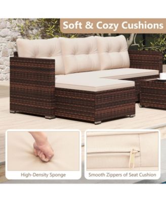 4 Seats Outdoor Wicker Furniture Set with Tempered Glass Coffee Table & Soft Cushions