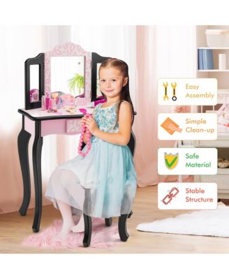 Kid Vanity Set Wooden Makeup Table Stool Tri-Folding Mirror