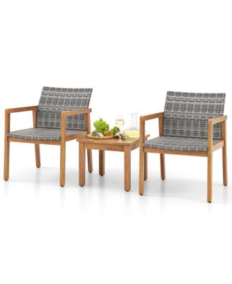 3 PCS Outdoor Furniture Set, Acacia Wood Frame Sofa Set with Rattan Seat