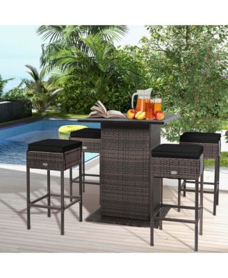 5PCS Patio Rattan Bar Table Stool Set Hidden Storage Shelf Cushion