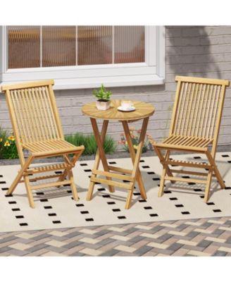 3 PCS Folding Patio Bistro Set Teak Wood Round Table and Chairs Furniture Set
