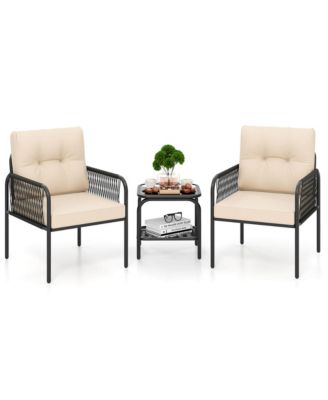 3 PCS Patio Bistro Set with Tempered Glass Table Chairs Back and Seat Cushions