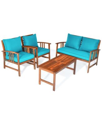 4PCS Wooden Patio Furniture Set Table Sofa Chair Cushioned Garden