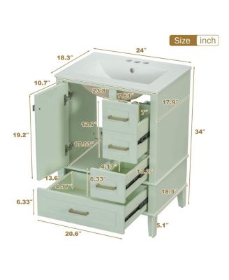 24.8" Bathroom Vanity with Ceramic Sink, Modern Freestanding Solid Wood MDF Cabinet, 3 Drawers Soft Close Door for Small Spaces