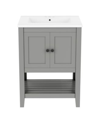 24" Bathroom Vanity with Ceramic Sink, Solid Wood Frame, Open Shelf Storage for Modern Small Spaces