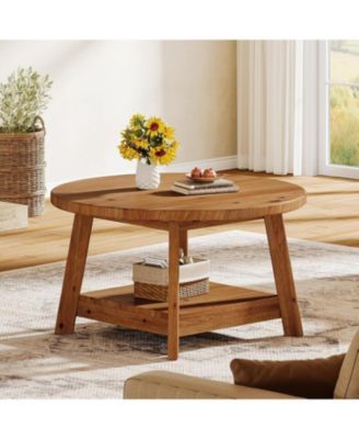 Solid Wood Round Coffee Table for Living Room, 31.5” Farmhouse Wooden 2-Tier Circle Center Cocktail Accent Table