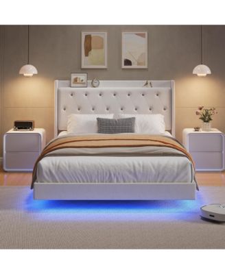 Wood Storage & LED Light Floating Bed Frame with Velvet Upholstered Wingback Headboard