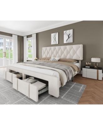 Upholstered Platform Bed Frame with Storage Drawers, Mattress Foundation with Solid Wooden Slats Support, No Box Spring Needed.