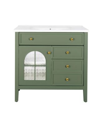 Bathroom Vanity with Sink, Medieval Glass Doors, Motion Sensor Lighting, Flip Drawer & Adjustable Storage for Modern Homes