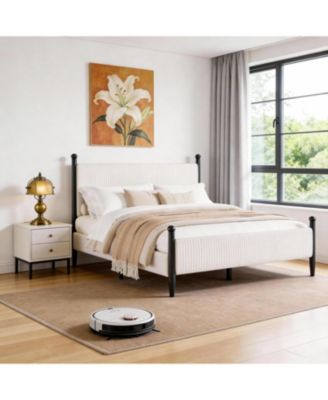Full Bed Frame with Velvet Upholstered Corduroy Headboard, Wooden Slats Support and Heavy-Duty Platform Design