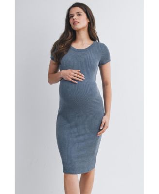 Women's Maternity Bodycon Ribbed Knit Short Sleeve Midi Dress