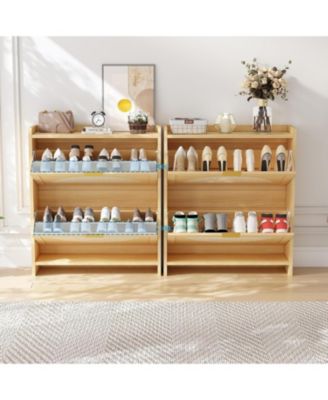 2 Flip-Drawer Shoe Storage Cabinet - Free Standing Narrow Organizer with Rattan Doors for Entryway and Hallway