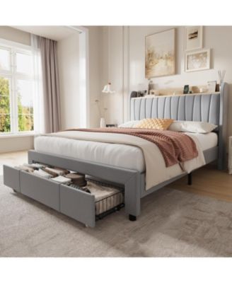  Bed Frame with Storage Headboard, Upholstered Platform Beds with Drawers, Charging Station, Noise-Free, No Box Spring Needed