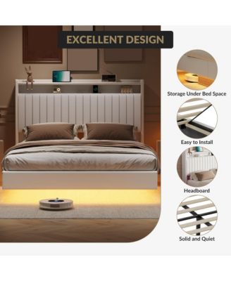 Floating Bed Frame Queen RGB LED Lights Charging Station 50 Headboard Leather Upholstered Platform No Box Spring