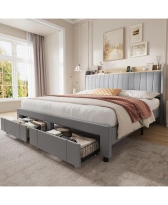 Bed Frame with Storage Headboard, Upholstered Platform Beds with Drawers, Charging Station, Noise-Free, No Box Spring Needed