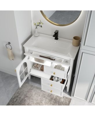 Bathroom Vanity with Sink, Medieval Glass Doors, Motion Sensor Lighting, Flip Drawer & Adjustable Storage for Modern Homes