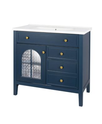 Bathroom Vanity with Sink, Medieval Glass Doors, Motion Sensor Lighting, Flip Drawer & Adjustable Storage for Modern Homes