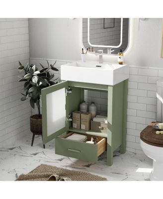  Bathroom Vanity with Ceramic Sink, Glass Door, Drawer & Soft Close for Small Bathrooms