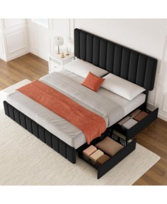 Linen Upholstered Platform Bed Frame 4 Storage Drawers Adjustable Headboard No Box Spring Wooden Slats Support