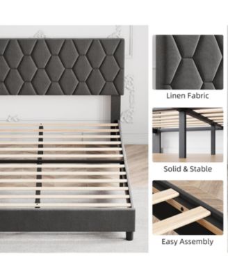 King Platform Bed Frame Upholstered Headboard Adjustable Fabric Diamond Pattern Soft Fabric Wood Slat Support