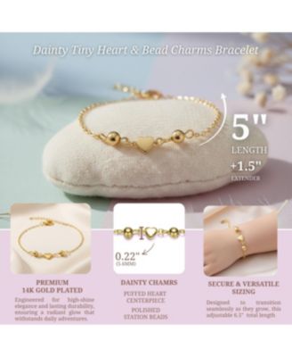 Dainty 14k Gold Plated Tiny Heart & Bead Charms Bracelet