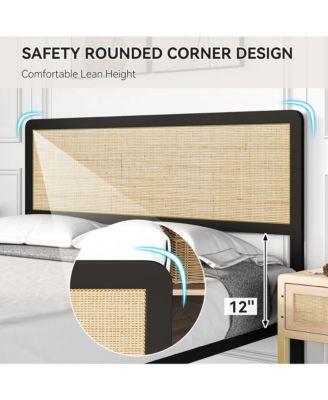 Queen Size Platform Bed Frame with Rattan Headboard and Footboard- Black Metal Frame- No Box Spring Needed- Noise-Free- Easy Assembly
