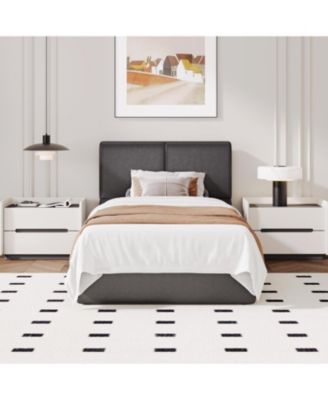 Upholstered Platform Bed Frame with 2 Storage Drawers, Faux Leather Low Profile Bed Base with Wood Slat Support, No Box Spring Needed