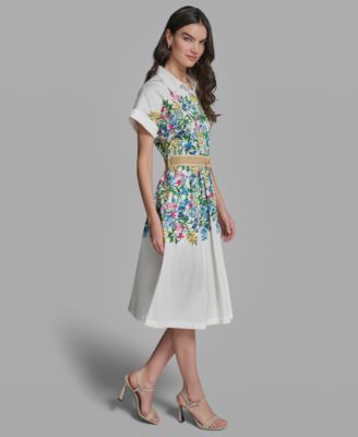 Petite Floral Collared Neck Belted Dress