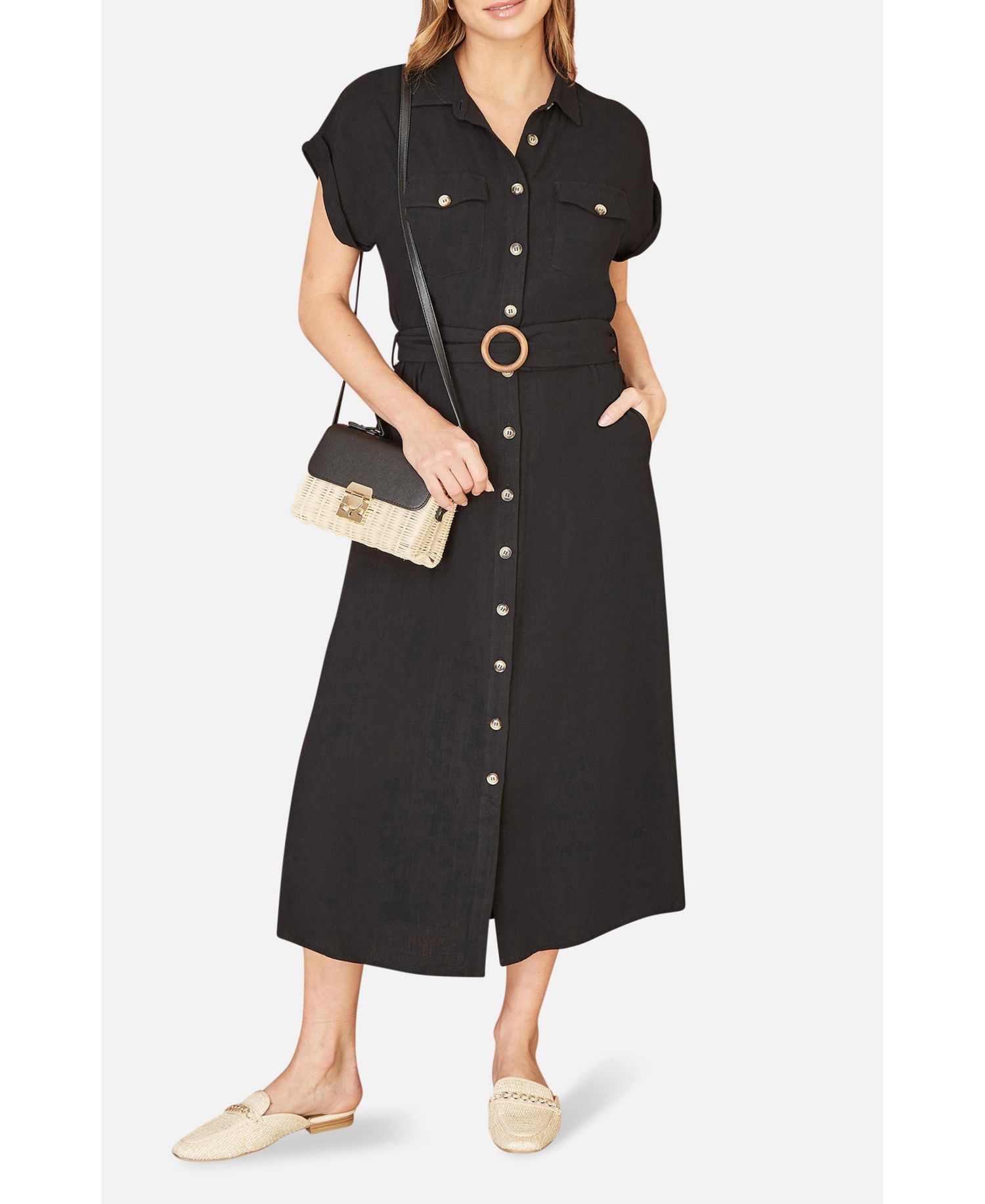Women's Linen Look Midi Shirt Dress